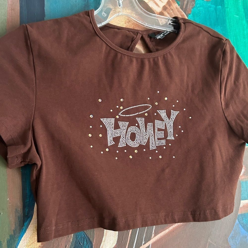 SHEIN Brown Crop Top with Rhinestone 'Honey' Design L - Picture 2 of 16